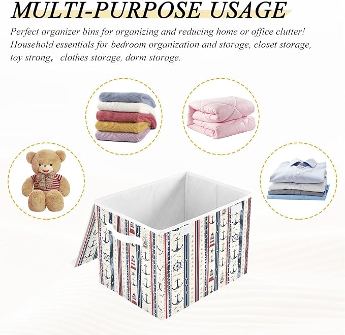 Large Storage Bins with Linen Collapsible Foldable Storage Cubes Fabric Closet Organizer Containers box with Flip-Top Lid for Home Bedroom Office 16.7 x 12.6 x 11.8in (Nautical Theme Anchors Ship)