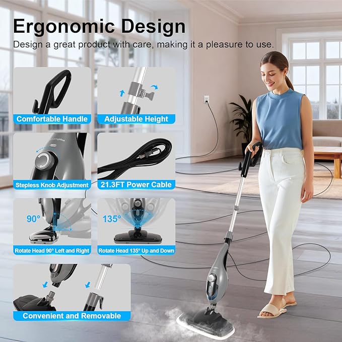 11-in-1 Steam Mop, 1550W Powerful Handheld Steam Cleaner, 260°F Multi-Functional Floor Steamer with 21.3FT Cord for Floors, Hardwood, Tiles, Grout, Windows, Kitchen, Bath, Adjustable (Grey)