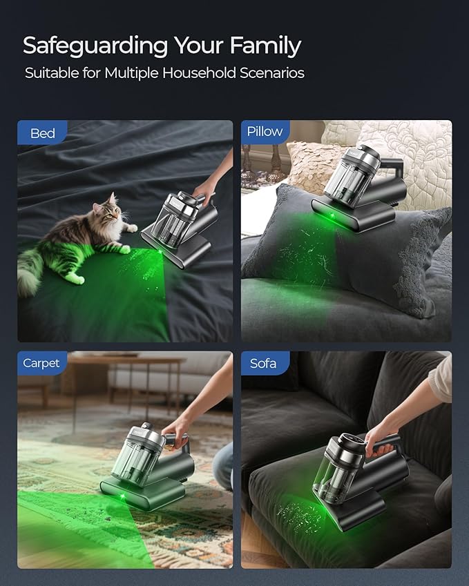 Powerful Mattress Bed Vacuum Cleaner, 2-Speed (14kPa/18kPa) Mattress Vacuum with Green Light Dust Detection, 253.7nm UV-C Light, LED Display, HEPA Filter, 149℉ Heat, Aroma for Bed Couch Carpet