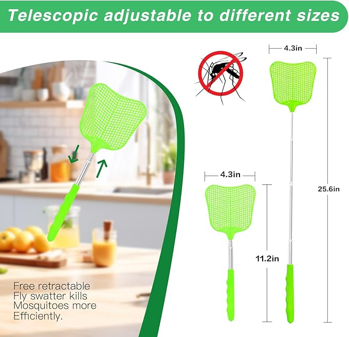 MYSTICHOME Fly Swatter 1 Pack, Durable Heavy Duty Plastic Fly Swatters, Stainless Steel Telescopic FlySwatter for Indoors/Outdoor/Kitchen/Garden (Green)