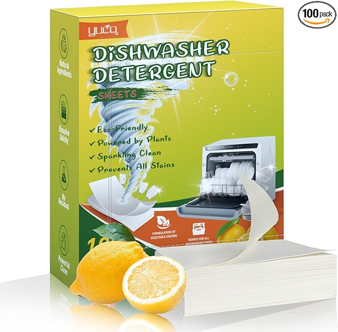 Dishwasher Detergent Sheets 100 Loads,Eco Friendly Dishwasher Detergent Plastic-Free Washer Sheets Alternative (Lemon)