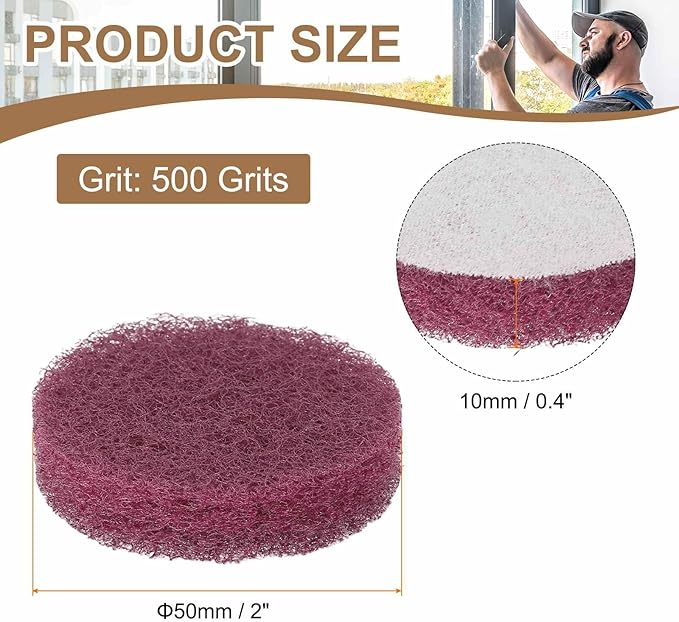 HARFINGTON 6pcs Scrubber Scouring Pads 500 Grits 2 Inch Drill Power Brush Hoop and Loop Surface Conditioning Disc Drill Scuffing Disc Scrub Pads for Home Kitchen Cleaning, Red