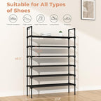 LANTEFUL 6 Tier Shoe Rack for Closet Shoe Organizer with 5 Hooks, Long Shoe Shelf Storage for Shoe and Boot Stackable Free Standing Shoe Rack for Entryway, Garage, Small Spaces, Dorm, Black