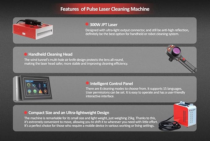 Triumph 300w Pulse Laser Rust Remover Laser Rust Removal Machine Pulse Hand-held Fiber Laser Cleaning Machine for Metals with Rust Paint Oil Dirt Stains Coating Remover Laser Cleaner Machine