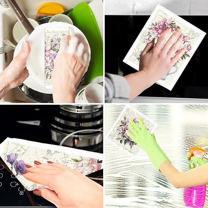 Vintage Pink Rose Swedish Dishcloths for Kitchen, 6PCS Floral Swedish Cloths for Washing Dishes, Reusable Retro Rose Washable Kitchen Towels, Washable Sponge Cloths for Home Party Cleaning