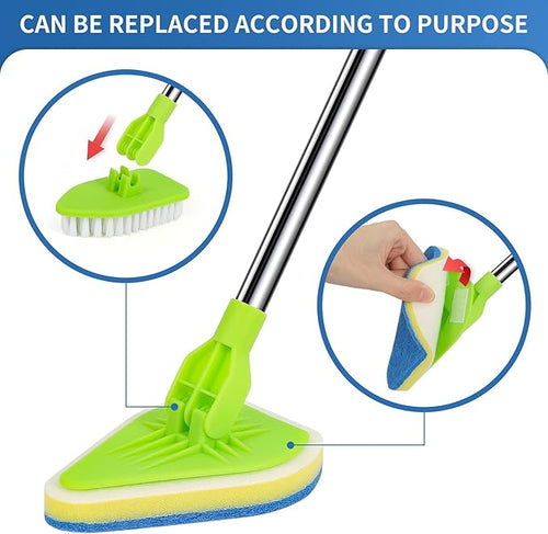 2 in 1 Scrub Cleaning Brush with 37” Long Extendable Handle,1 Stiff Bristle and 3 Sponge Brushes, Lightweigh Detachable Shower Scrubber for Cleaning Bathroom Shower Bathtub Glass Tile Floor