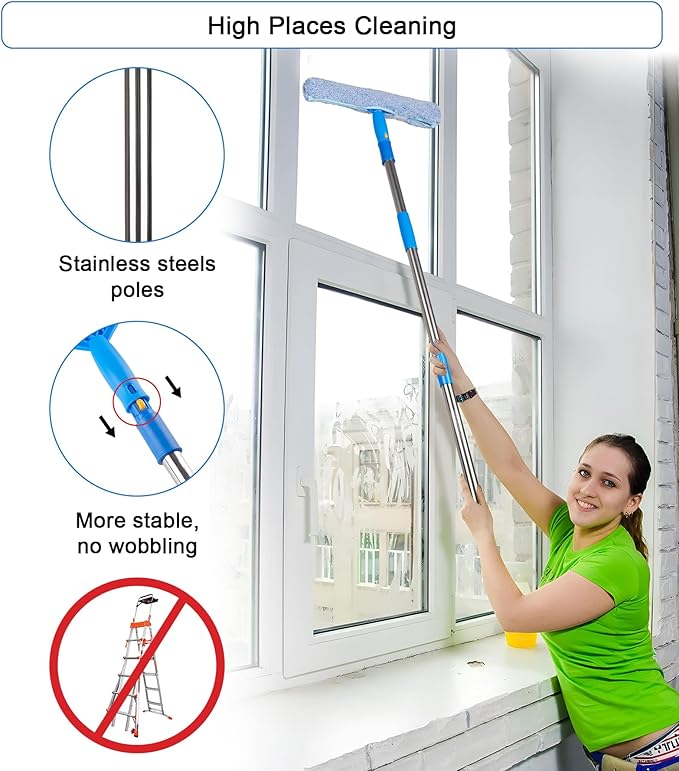 Window Squeegee Cleaner with 4 Stainless Steel Extension Poles,Long Reach to 58inch, Scrubber, Glass Scraper, Bendable Duster, 2 Scrubber Cloth for Window, Car, Professional Cleaning Kit