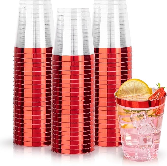 DaYammi 100 Pack Red Plastic Cups 10 Oz Clear Red Rimmed Plastic Cups for Party Fancy Disposable Cup for Wedding Disposable Glasses Clear Tumblers with Rim for Christmas Elegant Wine Cocktail Cup