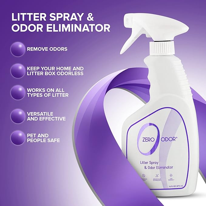 Zero Odor – Litter Odor Eliminator - Permanently Eliminate Litter Odors with Best Patented Molecular Technology - Pet Safe & Works on all types of litter, 16oz (Over 400 Sprays)