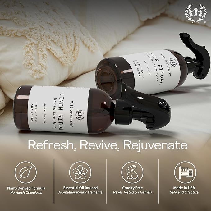 Muse Apothecary Linen Ritual - Aromatic, Soothing, and Relaxing Linen Mist, Laundry and Fabric Spray - Infused with Aromatherapy Essential Oils - 4 oz, Amber Cashmere