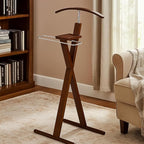 Proman Products Josh Freestanding Wooden Valet Stand Organizer with Tray, Hanger, Trouser Bar, Walnut