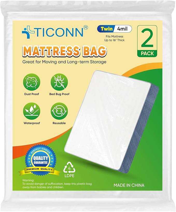 TICONN 2PK Plastic Mattress Bag for Moving Storage, Waterproof Mattress Protector Cover, Heavy-Duty Mattress Moving Supplies (4 mil, Twin)