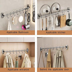 Rail Rack Organizer Self Adhesive Kitchen Utensil Rack Aluminum Wall Mounted Hanging Rail 8 Removable Hooks Pots Pans Spoons Knives,Black,45cm