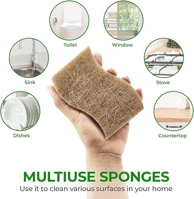 Natural Kitchen Sponges (6 Pack) - Biodegradable Cellulose & Coconut Scrubber Dish Sponges for Kitchen - Eco-Friendly, Non Scratch, Compostable, Non Toxic S-Shaped Natural Sponges for Dishes