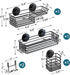 TAILI Shower Caddy Suction Cup, 3 Pack Shelves for Inside with Hooks & Soap Holder Toothbrush Cups, Removable Bathroom Organizer, Rustproof Black Shelves