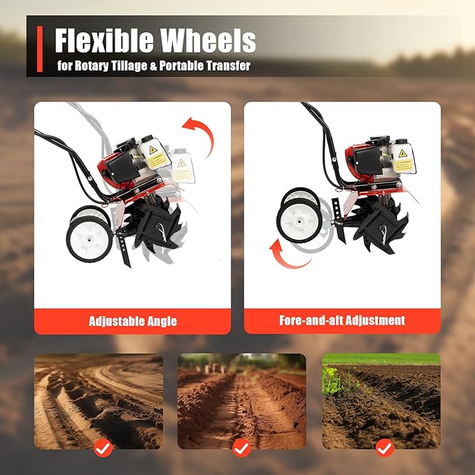 Tiller Cultivator Gas Powered, 52Cc 2 Stroke Garden Cultivator Commercial Tiller Gas Powered Tiller Soil Cultivator with Adjustable Wheels for Plowing Turning Soil Ditching 1700W 6500Rpm