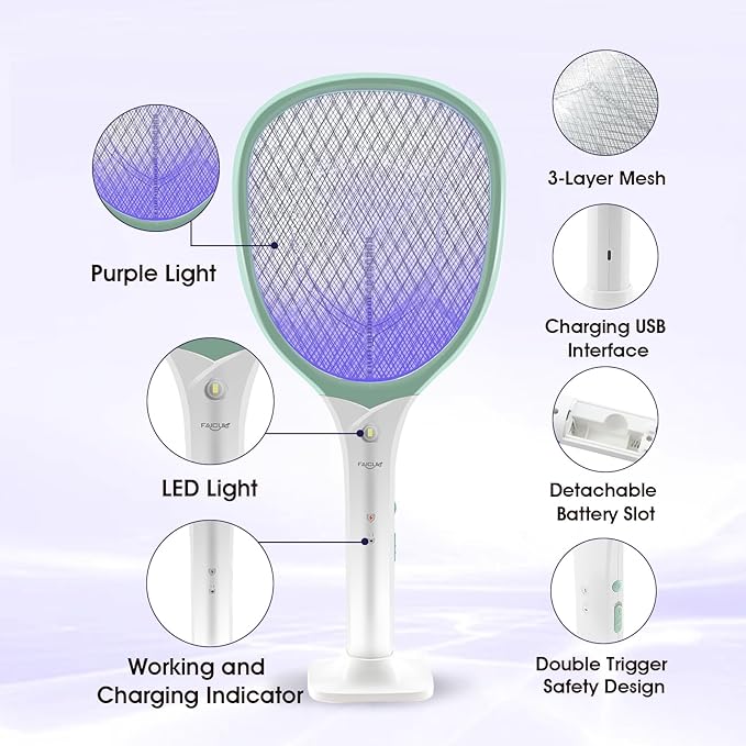 Faicuk Rechargeable Handheld Bug Zapper Racket 2 in 1 Electric Fly Swatter (2 in 1 Green)