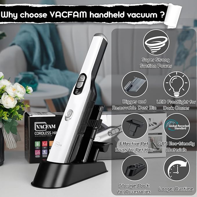 Handheld Cordless Vacuum Cleaner, Portable Car Vacuum with 18KPa Suction Power, Quick-Charge Hand Vac with LED Headlight & Storage Dock for Home Office Desk Keyboards Pet Hair, White