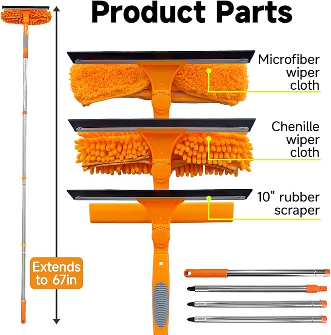 67" Squeegee Window Cleaner 2 in 1 Rotatable Window Cleaning Tool Kit with Extension Pole, Window Washing Equipment with Bendable Head for Indoor & Outdoor High Windows and Car Glass