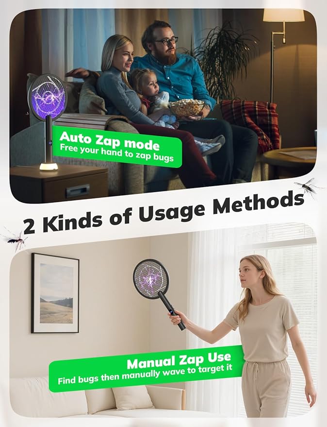YISSVIC Electric Fly Swatter Bug Zapper Racket 4000V LED Screen Dual Modes Fly Zapper Rechargeable for Indoor Home Office Backyard Patio Camping