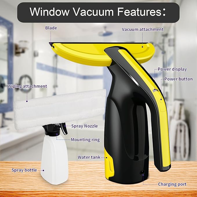Kiato Window Vacuum Squeegee Cordless, 11" Rechargeable Window Vac Cleaner with Spray Bottle, Electric Squeegee for Windows, Tiles, Mirrors, 200ml Water Tank, WC04