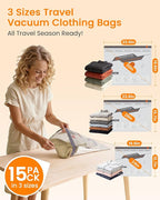 Vacuum Seal Bags for Clothing Travel with Rechargeable Cordless Pump, 15 Pack Compression Space Saver Bags for Packing, Luggage and Seasonal Storage