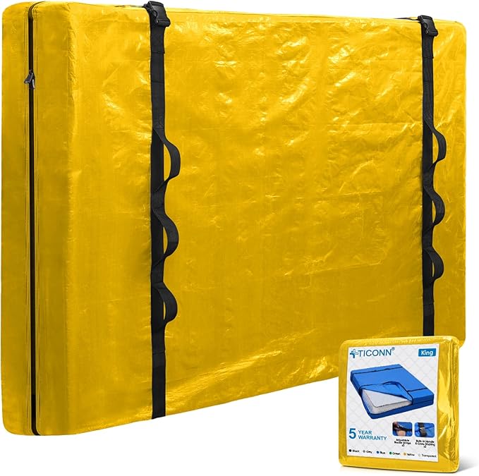 TICONN Mattress Bags for Moving, Heavy Duty King Mattress Cover Storage Bag with Full-Around Handle and Adjustable Buckles (Yellow, King)