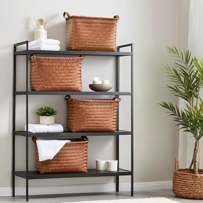 GIB Large Wicker Storage Baskets for Shelves Clothes Blankets Basket Woven Laundry Basket for Organizing, Decorative Rectangular Closet Organizers and Storage Bins with Handles, Brown, 4 Pack