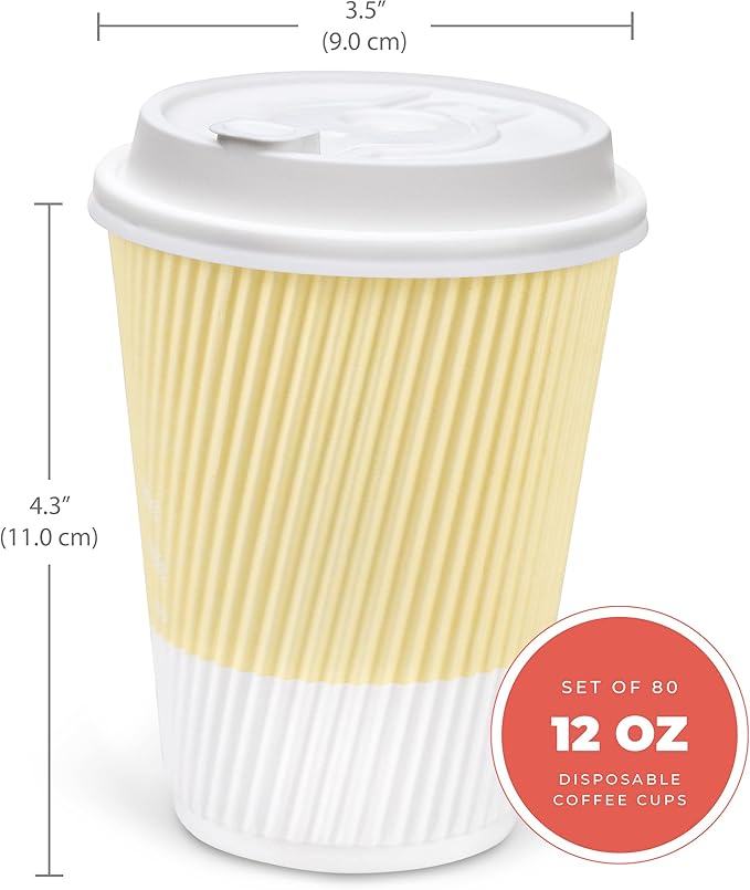 Disposable Coffee Cups With Lids - (80 set) 12 oz To Go Coffee Cups With Resealable Lids Prevent Leaks! Travel Insulated For Hot Beverages. Will Not Bend With Heat Or Burn Fingers!