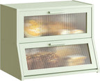 GHWIE Double Layer Bamboo Bread Box for Kitchen Counter,Large Capacity Bread Storage Bin,Bread Container with Acrylic Wavy Door Panel (Light Green, Medium)