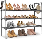 LANTEFUL 3 Tier Shoe Rack for Closet, Shoe Organizer with 5 Hooks, Long Shoe Shelf Storage for Shoe and Boot Stackable Free Standing Shoe Rack for Entryway, Garage, Small Spaces, Dorm, Grey