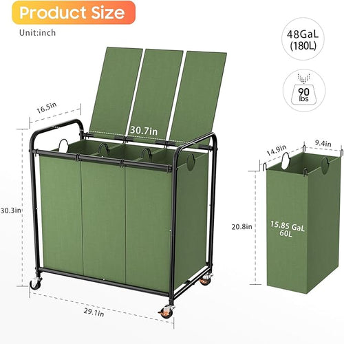 180L (47.55 Gal) Laundry Sorter 3 Section, Rolling Laundry Basket with Lockable Wheels and Lid, Laundry Hamper with 3 Separated Removable Bags Dirty Clothes Hamper for Laundry Room Organizer, Green