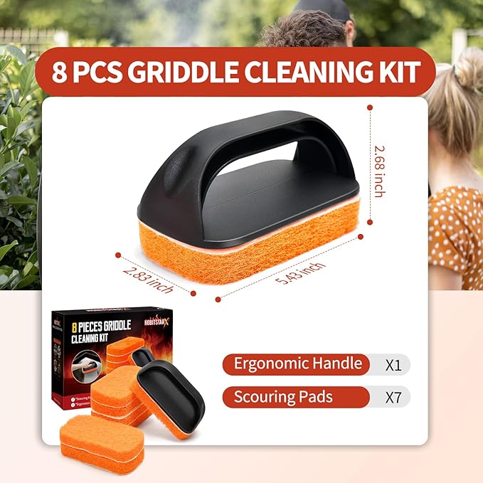 Griddle Cleaning Kit for Blackstone, Flat Top Grill Cleaner - Non-Scratch Scouring Pads for Blackstone Griddle Accessory,7 Griddle Scrubber Pads with 1 Handle,Easy Cleaning on Hot or Cold Surfaces