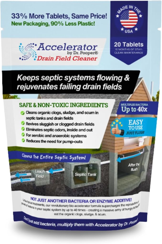 Drain Field Cleaner Tablets by Dr Pooper. Clears Septic Tanks and Drain Fields of Tough Clogs, Scum, Sludge AND Eliminates Odors FAST - Aerobic & Anaerobic Systems - Easy to Use, Just Flush.