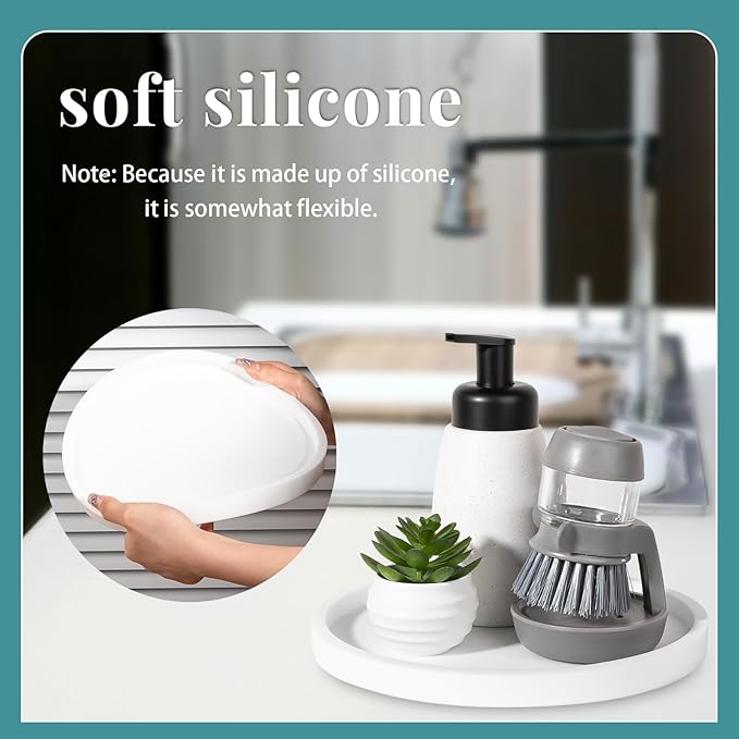 Silicone Bathroom Tray Round Vanity Tray Decorative Soap Holder Kitchen Countertop Organizer Coffee Table Decor for Candle, Perfume, Plant, 8 Inch, White