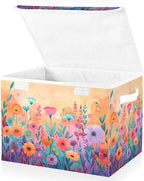 senya Large Storage Bins with Linen Collapsible Foldable Storage Cubes Fabric Closet Organizer Containers box with Flip-Top Lid for Home Bedroom Office 16.7 x 12.6 x 11.8in (Wildflowers Colorful)