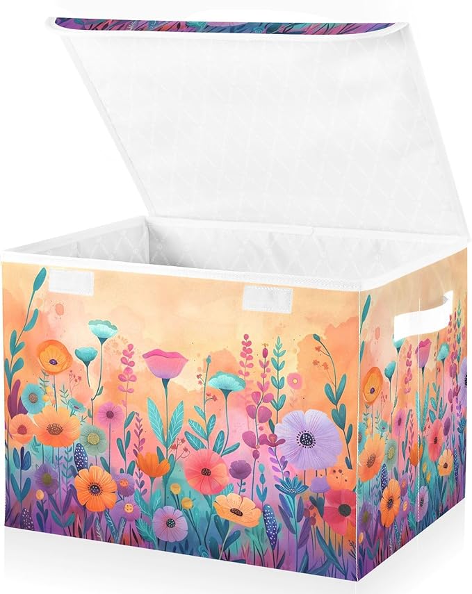 senya Large Storage Bins with Linen Collapsible Foldable Storage Cubes Fabric Closet Organizer Containers box with Flip-Top Lid for Home Bedroom Office 16.7 x 12.6 x 11.8in (Wildflowers Colorful)
