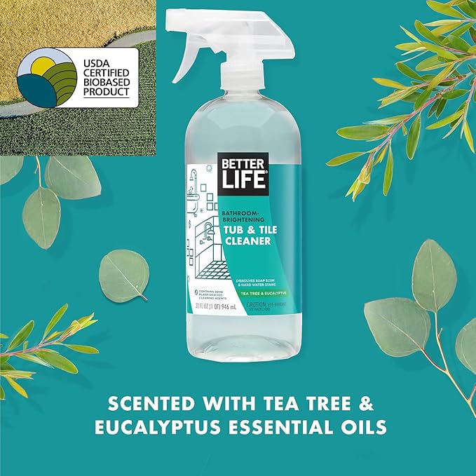 BETTER LIFE Bathroom Cleaner - Tea Tree Bathtub & Shower Cleaner Spray for Glass and Tile - Foaming Mold and Mildew Remover for Tub Works on Hard Water Stains - 32oz (Pack of 2)