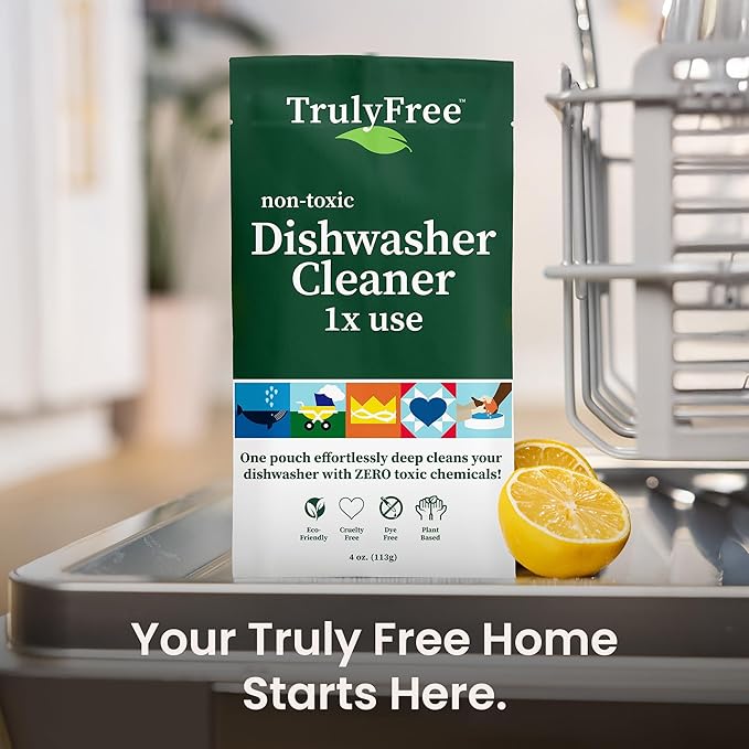 Truly Free Natural Dishwasher Cleaner - Dish Washer Machine Descaler, Fights Grease & Limescale, Hard Water Stain Remover, Smell Eliminator for Clean Dishwashers - Lemon Fresh Scent, 4 oz (Pack of 1)