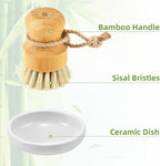 Bamboo Dish Scrub Brushes,Kitchen Wooden Cleaning Scrubbers Set for Washing Cast Iron Pan/Pot, Natural Sisal Bristles, Set of 3