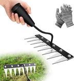 Iron Weeding Rake Without Handle (Assembled), 8 Teeth Iron Rakes for Gardening and Weedings, Heavy-Duty Carbon Steel Weed Rake or Weed Puller Tool for Yard, Lawn, Patio and Garden, Gloves Included