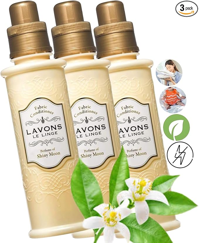 LAVONS Natural Fabric Conditioner for Sensitive Skin, Plant-Based Laundry Softener for Baby & Pet, Reduces Fabric Wrinkles, Long-Lasting Scent & Odor Control from Japan, SHINY MOON, 20.3 Fl Oz 3 Count
