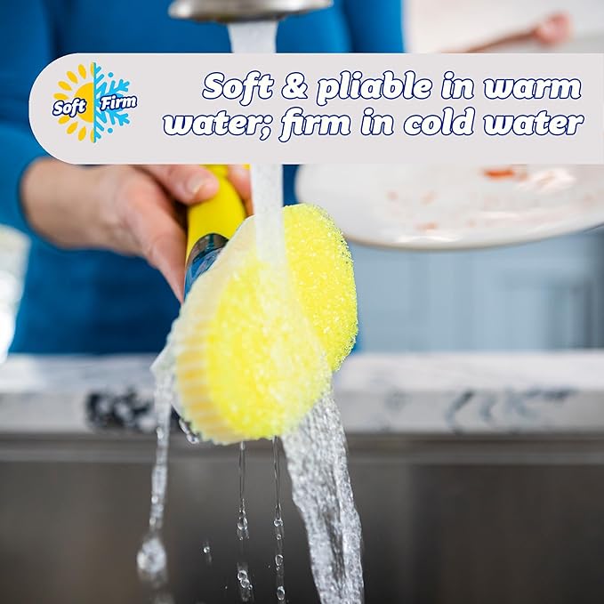 Scrub Daddy Dish Daddy Dish Wand & Connector Head, Soap Dispensing Dish Brush, Texture Changing Washing Up Sponge With Liquid Handle, Dish Sponge with Built-in Scraper, Scrubbing Head & Stand - Yellow