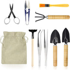 Bonsai Set 10 PCS-Mini Gardening Tools Kit for Indoor Outdoor Bonzai Include Pruner, Fold Scissors, Mini Rake, Tweezers, Cleaning Brush