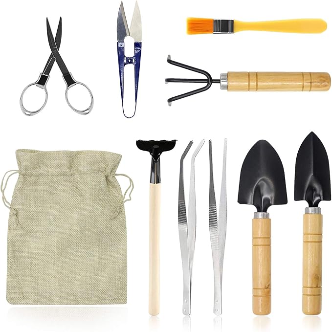 Bonsai Set 10 PCS-Mini Gardening Tools Kit for Indoor Outdoor Bonzai Include Pruner, Fold Scissors, Mini Rake, Tweezers, Cleaning Brush