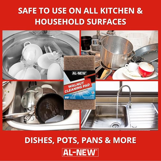 AL-NEW Walnut Cleaning Pads | Versatile, Scratch Resistant Household Cleaning & Scouring Pads for Kitchen Cleaning, Dishes, Pots, Pans & More (6 Pack)