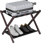 Smuxee Brown Bamboo Luggage Rack for Guest Room, Foldable Suitcase Stand with Storage Shelf, Easily Assembled Luggage Stand with 5 Nylon Straps for Guest Room Bedroom Hotel