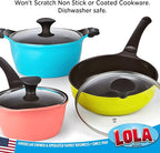 LOLA Plastic Mesh Scouring Pads - 3 Pack, 3.375" x 1.25", Non-Scratch Dish Scrubbers to Clean Dishes, Assorted Colors - Red, Blue & Yellow