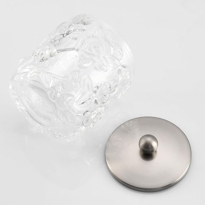 Clear Transparent Apothecary Floral Embossed Glass Jar With Satin Nickel Metal Lid Cover for Bathroom Organization, Cotton Balls, Q Tips, and Small Accessories, Bathroom Storage