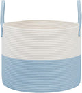 JMvicyroam 65L Extra Large Blanket Basket for Living Room - Woven Cotton Rope Laundry Hamper with Reinforced Handles - Storage Bin for Pillows, Comforters & Toys - Machine Washable,White&Blue